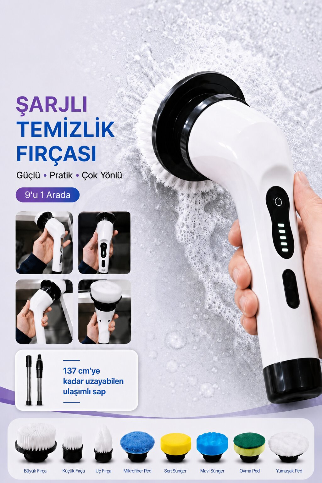 9 BAŞLIKLI ŞARJLI TEMİZLİK FIRÇASI